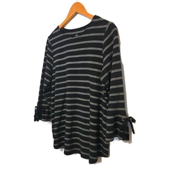 J Jill Pima Tie Sleeve Tee Crew Neck Black and White Stripe Cotton Top Size M - Picture 4 of 11